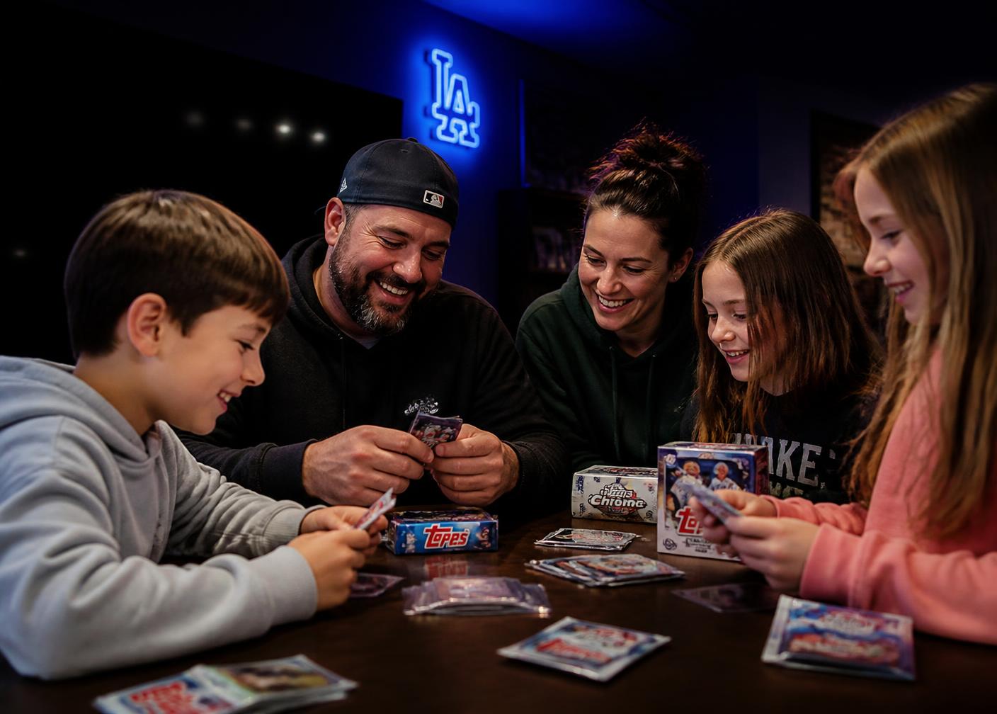 Family opening trading card packs together