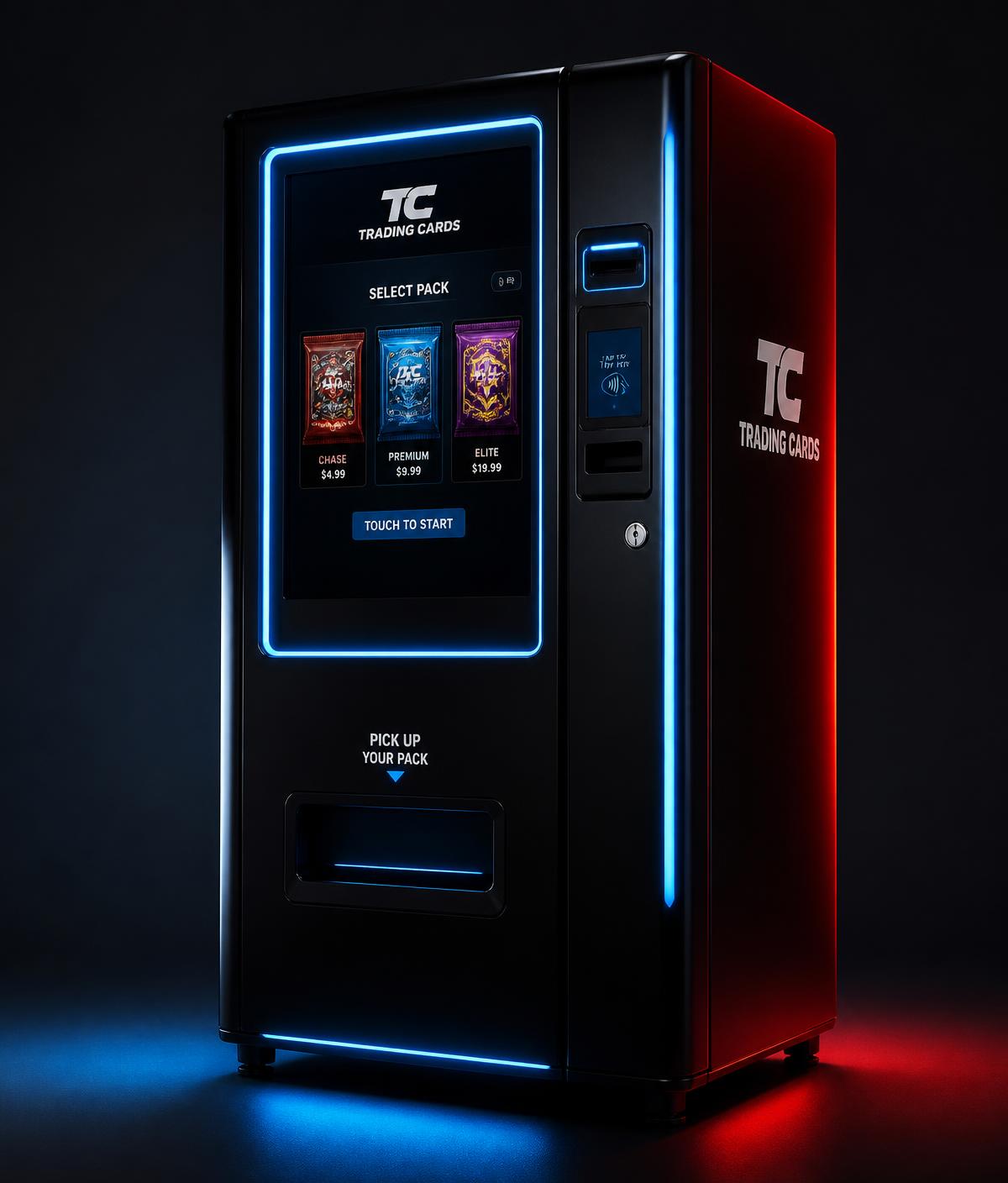 Rip It Now trading card vending machine with blue accent lighting